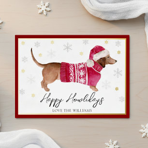 Rode Dachshund Wienerse Hond Blij Hoeidag Aquarel Folie Feestdagenkaart