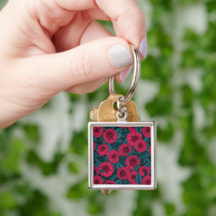Rode Dahlia tuin/blauwe bladeren Sleutelhanger