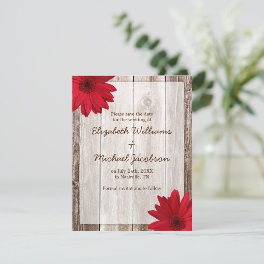 Rode Daisy Rustieke Schuur Save the Date Aankondig (Staand voorkant)