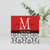 Rode Damask Monogram Weddenschap Kaart (Staand voorkant)