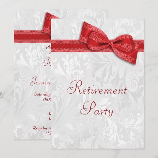 Rode Damast en Faux Bow Pensioen Kaart (Voorkant / Achterkant)