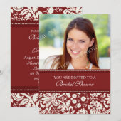 Rode Damast Foto Bruidsdouche Uitnodiging Kaart (Voorkant / Achterkant)