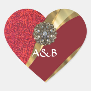 Rode damast & gouden werveling hart sticker