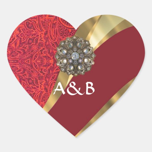 Rode damast & gouden werveling hart sticker (Voorkant)