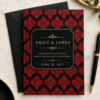 Rode Damast Uitnodiging | Elegante Zwart & Rood
