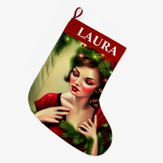 Rode Dame Retro Grote Kerstsok (Voorkant (Hangend))