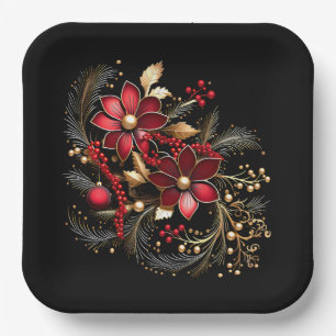 Rode decoratieve bloemen feest papieren bord