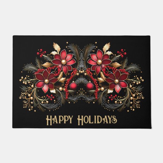 Rode Decoratieve Bloemen Vakantie Deurmat (Voorkant)