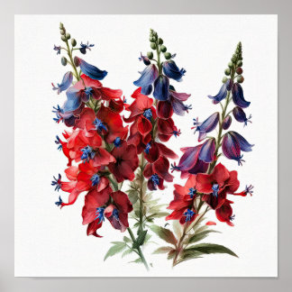 Rode Delphinium Bloemkunst Print Poster