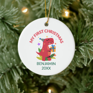 Rode Dinosaurus Eerste Kerstdag Keramisch Ornament
