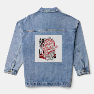 Rode Draak Japanse Kanji Grafische Aangepaste Deni Denim Jacket