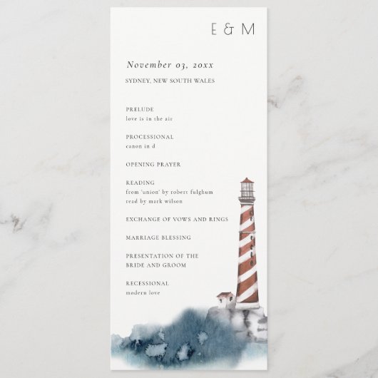 RODE DUSKY BLUE LIGHTHOUSE WEDDING CEREMONY PROGRA MENU (Voorkant)