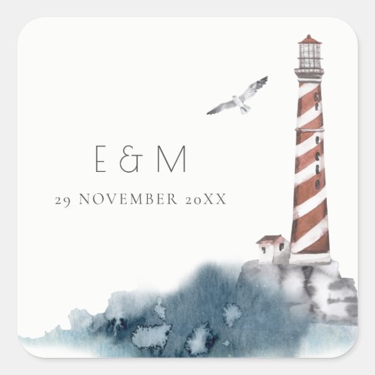 RODE DUSKY BLUE LIGHTHOUSE ZEE MONOGRAM WEDING VIERKANTE STICKER (Voorkant)