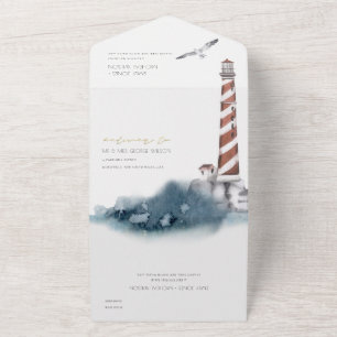 RODE DUSKY BLUE LIGHTHOUSE ZEE WATERVERF WEDING ALL IN ONE UITNODIGING