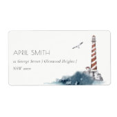 RODE DUSKY BLUE LIGHTHOUSE ZEE WAVES ADRES ETIKET (Voorkant)