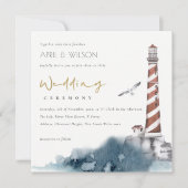 RODE DUSKY BLUE LIGHTHOUSE ZEE WAVES WEDDING INVIT BEDANKKAART (Voorkant)