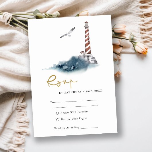 RODE DUSKY BLUE LIGHTHOUSE ZEE WAVES WEDDING RSVP INFORMATIEKAARTJE
