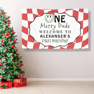 Rode Eén Gelukkige Kerel Kerstmis 1e Verjaardagsfe Spandoek