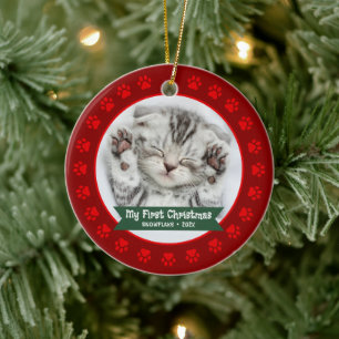Rode eerste Kerstmis Huisdier Kitten Photo Paws Cu Keramisch Ornament