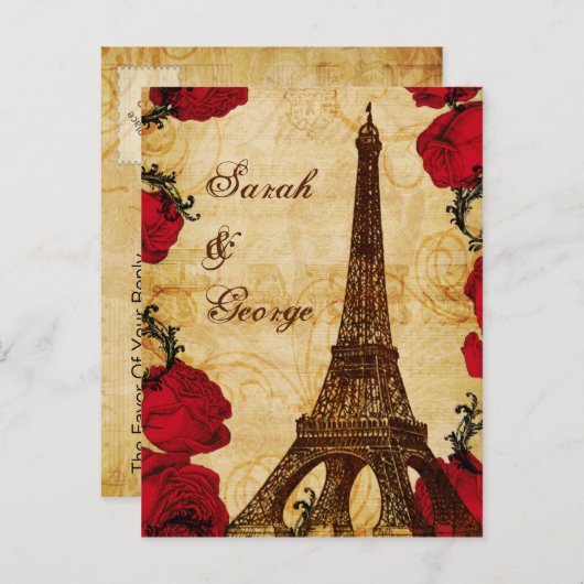rode  Eiffeltoren Parijse bruiloft RSVP Uitnodiging Briefkaart (Voorkant / Achterkant)