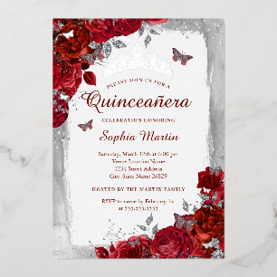 Rode Elegante Bloemvlinder Quinceanera Folie Uitnodiging