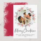 Rode Elegante Botanische Krans Kerstscript Feestdagenkaart (Voorkant / Achterkant)
