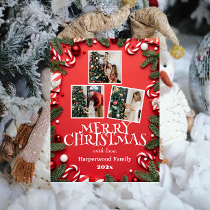 Rode Elegante Vrolijke Kerstmis Familie Fotocollag Feestdagenkaart