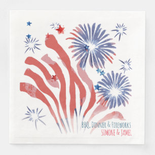 Rode en blauwe aquarel vuurwerk op wit servet