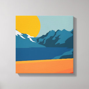  rode en blauwe bergkunst - Retrolandschap Canvas Afdruk