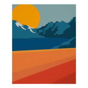  rode en blauwe bergkunst - Retrolandschap Perfect Poster