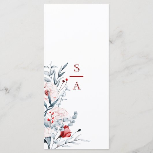 Rode en blauwe bloemen bruiloft menu (Achterkant)