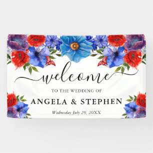 Rode en blauwe bloemen bruiloft welkom spandoek