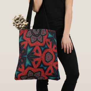 Rode en Blauwe Kaleidoscoop Mandala Bloempatronen Draagtas