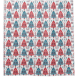 Rode en blauwe kerstboom Scandinavische volkskunst Douchegordijn