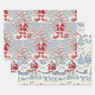 Rode en Blauwe Kerstman Toile Chinoiserie Inpakpapier Vel