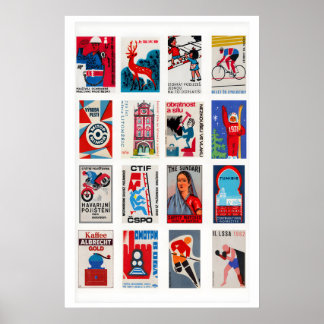 Rode en blauwe luciferdoosje labelcollage, vette g poster