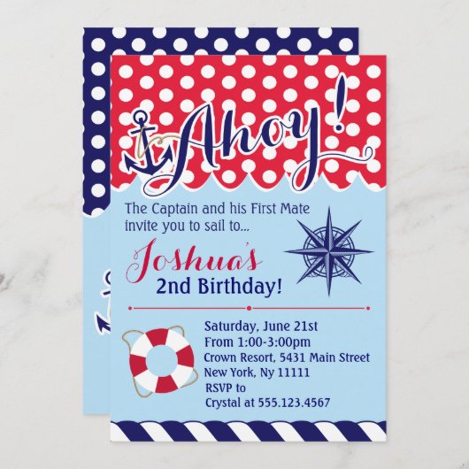 Rode en blauwe nautische verjaardagsuitnodiging kaart (Voorkant / Achterkant)
