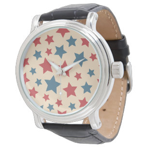 Rode en Blauwe Sterren, 4 juli, Beige Achtergrond Horloge