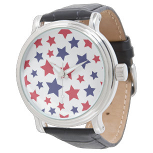 Rode en blauwe sterren, 4 juli, witte achtergrond horloge