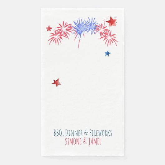 Rode en Blauwe Waterverf Firecrackers op wit Servet (Voorkant)