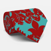 rode en blauwgroen aqua bold intrict damask stropdas (Opgerold)