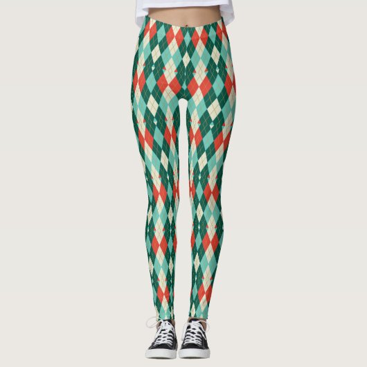 Rode en Blauwgroen kerst argyle retro geometrische Leggings (Voorkant)