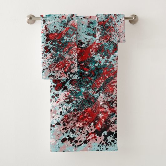 Rode en blauwgroen splatters bad handdoek (Insitu)