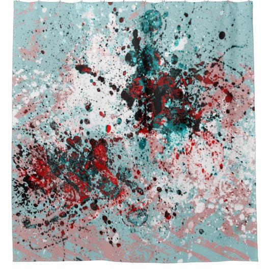 Rode en blauwgroen splatters douchegordijn (Voorkant)