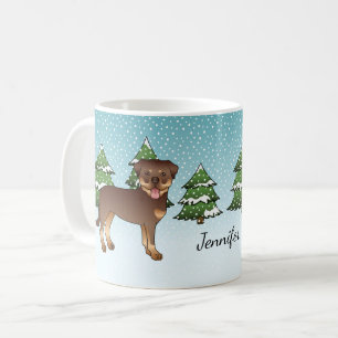 Rode en bruine Rottweiler honden in een winterbos Koffiemok