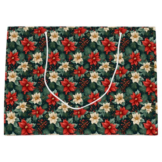 Rode en Cream Poinsettias met bessen Groot Cadeauzakje (Voorkant)