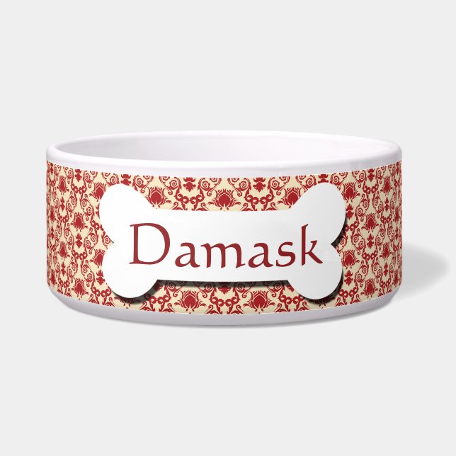 Rode en Crème Damaskpatroon Voerbakje (Voorkant)
