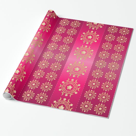 Rode en Fuchsia Stripes met Gold Moons en sterren Cadeaupapier (Uitgerold)