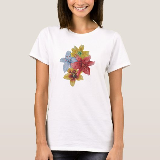 Rode en gele Lelie bloemen bloemenkunst T-shirt (Voorkant)