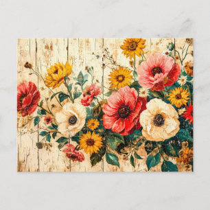 Rode en Gele Tuinbloemen op Hout Briefkaart
